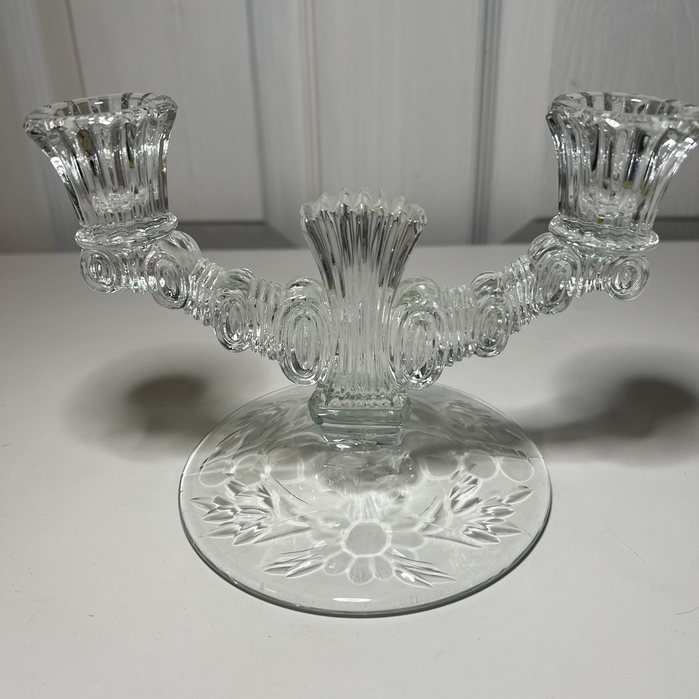 Clear Glass Candelabra Candle Holder Etched‎ Floral Design Home Decor